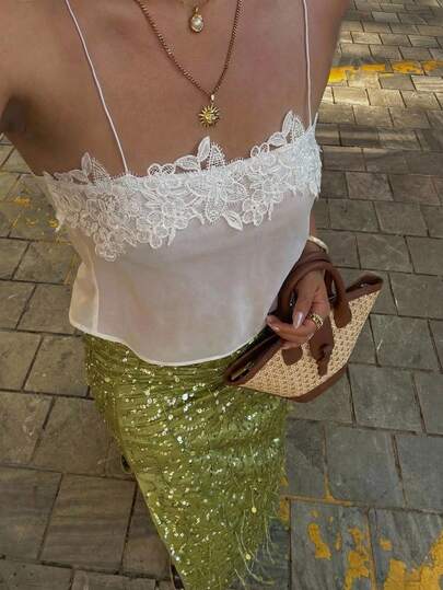 Opulessa Camiseta de tirantes elegante de unicolor con ribete de encaje para el verano