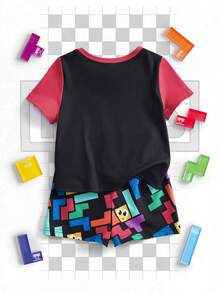 Tetris™ X SHEIN 男婴字母几何印花圆领短袖上衣和短裤休闲家居服套装 - 黑色 - 查看 2