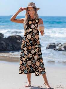 Sylviya 波西米亚风女士休闲花卉动物印花中长连衣裙，适合春夏穿着，花卉中长连衣裙，鸟类印花连衣裙，花卉印花中长连衣裙，夏季中长连衣裙，野花连衣裙，女士休闲连衣裙，时尚连衣裙，休闲 - 彩色 - 查看 3