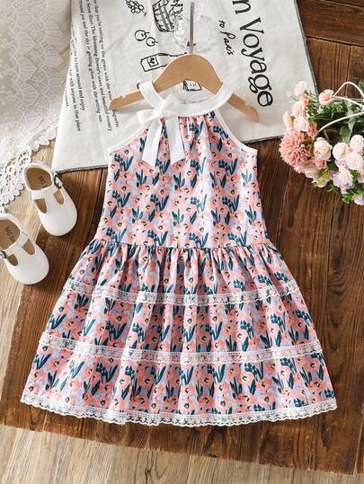 SHEIN Toddler Girls' Sweet Elegant Vacation Floral Embroidery 3-Tier Ruffle Bow Halter Dress, French Country Style, Spring/Summer