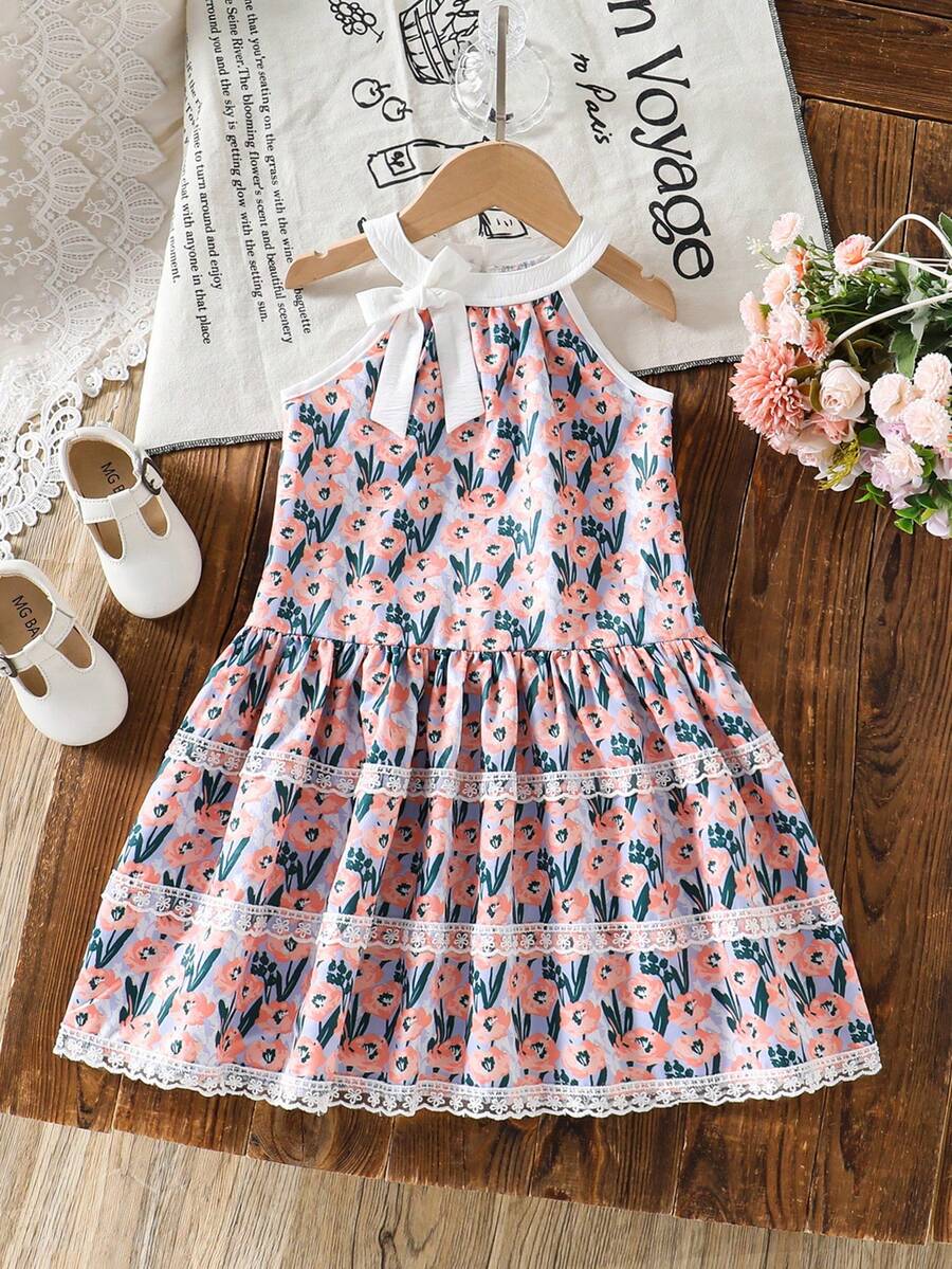 SHEIN Toddler Girls' Sweet Elegant Vacation Floral Embroidery 3-Tier Ruffle Bow Halter Dress, French Country Style, Spring/Summer - Pink - View 1