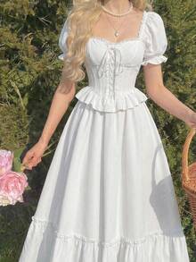 SHEIN MOD 泡泡袖方领系带超长连衣裙 - 白色 - 查看 5