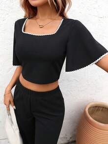 Pariaura Bộ đồ mùa hè kiểu Pháp gồm áo crop top xếp ly và quần ống rộng, thích hợp cho tiệc Halloween, tiệc cocktail đêm giao thừa, đi làm hàng ngày, kỳ nghỉ hè, hẹn hò ngày Valentine. - màu đen - Xem 5