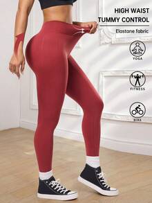 SHEIN Sports Quần legging yoga cạp cao không đường may, ôm bụng dành cho nữ; Quần bó thể thao co giãn cao, đa năng; Thích hợp cho yoga, đạp xe, chạy bộ, tập luyện; - Màu Đỏ Sâu - Xem 2