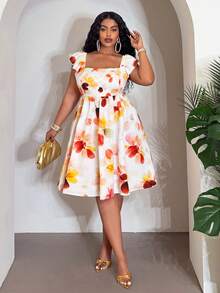 Veslaya White Summer Elegant Bachelorette Party Vacation Plus Size Women's Floral Square Neck Flare Sleeve A-Line Mini Dress,Wedding Guest Beach Short Dress - Multicolor - View 5