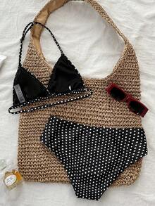 SHEIN 少女黑色波点吊带背心上衣和豹纹比基尼泳裤套装，夏季假期，海滩度假 - 黑色 - 查看 2