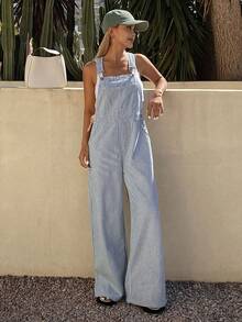 DAZY Bộ áo liền quần nữ kẻ sọc, quần yếm denim dáng rộng và áo liền quần - Rửa nhẹ - Xem 3