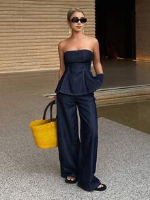 DAZY Conjunto casual de verano con top de corpiño con bajo en línea A y jeans rectos holgados - Azul lavado oscuro - Ver 2