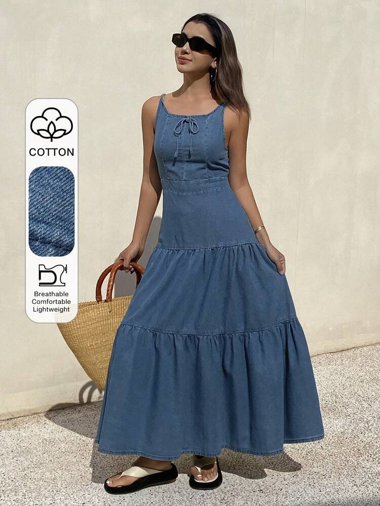 Women's Casual Long Denim Dress With Bow Decor