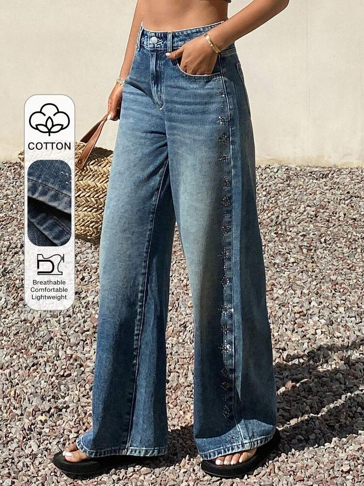 Women's Regular Waist Side Rhinestone Design Casual Elegant Loose Straight Leg Jeans Y2k