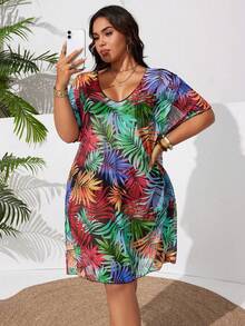 Swim Lushoire Plus Size Women Random Print Short Sleeve Loose Long Beach Cover Up - Multicolor - View 3