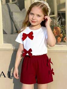 SHEIN Elladie kids 2件組少女夏季生日套裝，可愛復古紅白圓領短袖T恤搭配3D蝴蝶結裝飾與鬆緊腰短褲套裝 - 紅白色 - 查看 4