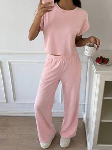 CovetEZ 珊瑚粉色针织女士家居服套装，简约休闲日常上衣和裤子 - 珊瑚粉 - 查看 4