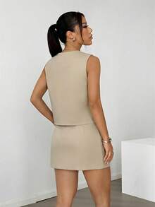 SHEIN EZwear 女士卡其色单排扣背心和裙子休闲两件套 - 卡其色 - 查看 2