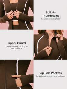 GLOWMODE FeatherFit™ True Potential Slim Fit Contrast Strip Jacket With Thumbholes Side Pockets Low Impact Yoga Pilates Studio Daily Casual Wear - Brown - View 3