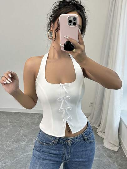 Firerie Camisa blanca ajustada con cuello de lazo elegante y de moda, de vuelta al colegio, en estilo universitario y con diseño lindo, sin mangas, para el verano