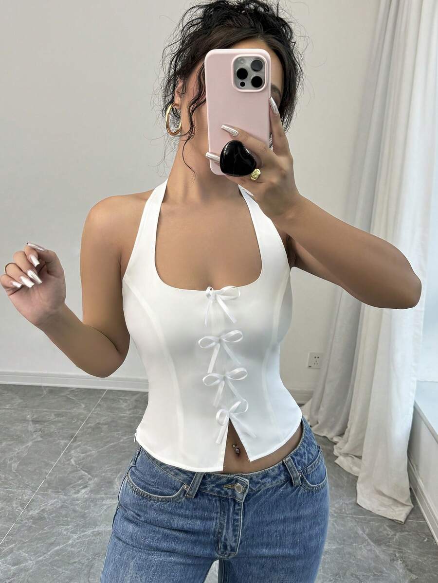 Firerie Women Elegant Fashionable Back To School Collegiate Style Cute Bow Tie Collar Fitted White Shirt For Summer,Sleeveless Tops Beach Vacation Summer Holiday  Tropical  Resort Wear,