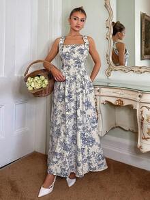 Glamine Charm Women's Elegant White And Blue Summer Cottage Core Tea Party Floral Backless Maxi Dress,Sleeveless Square Neck Bow Back Side Slit Flowy Beach Dress - Multicolor - View 7