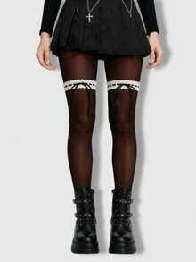 ROMWE Grunge Punk 1件装不对称性感丝袜/连裤袜/打底裤（女士款） - 黑與白 - 查看 4