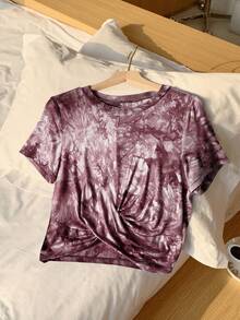 SHEIN EZwear 扎染印花扭结短袖T恤，休闲夏季款 - 咖啡棕 - 查看 5