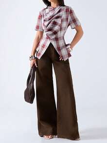 LYSMO 女士格子荷叶边休闲日常短袖衬衫 - 紅白色 - 查看 1