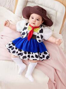 SHEIN Babygirl Cute Summer Cow Pattern Vest Jacket, Color Block Heart Print Dress & Hat 3-Piece Outfit Set - Brown - View 6