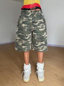 StreetHx Fashionable Casual Sports Street Camo Crochet Low-Waist Denim Capri Pants - Medium Wash - View 2