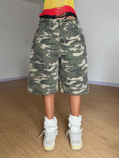 StreetHx Fashionable Casual Sports Street Camo Crochet Low-Waist Denim Capri Pants