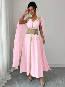 Elenzga Women's V-Neck Ruched Waist Elegant Long Party Dress - Pink - View 3