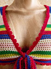 Mistrie 女士短款开衫，深V领，短袖，系带前襟，彩色条纹，休闲度假夏季毛衣 - 彩色 - 查看 3