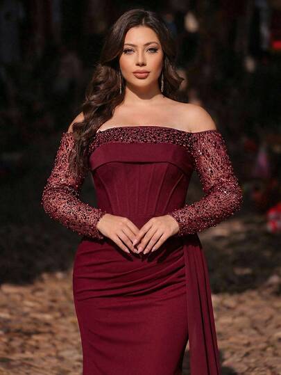 Aureia Plus Size Elegant Romantic Wine Red Off-Shoulder Luxury Beaded Patchwork Knit Fabric Waist Fishtail Ruffle Hem Bodycon Dress, Suitable For Wedding, Party, Celebration, Formal Event, Gala (Intricate Design)