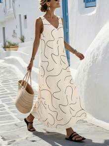 Breezaya Women's Linen Texture Abstract Line Loose Long Dress - Beige - View 3