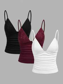 SHEIN EZwear 3件套女士吊带背心，蕾丝拼接，褶皱腰身，夏季女士吊带背心，沙滩装，外出装 - 彩色 - 查看 13