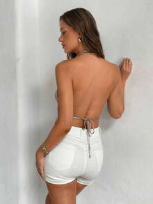 Aloruh 金属露背垂褶领口金属扣装饰度假上衣，Y2K音乐节性感露脐上衣，适合娇小女性 - 金色 - 查看 3