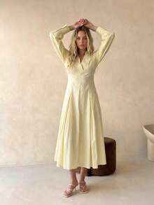 BizChic New Cream Yellow Shirt Dress With V-Neck, Asymmetrical Pleated Hem, Dropped Shoulder, Versatile For Spring/Summer Wear - Light Yellow - View 3