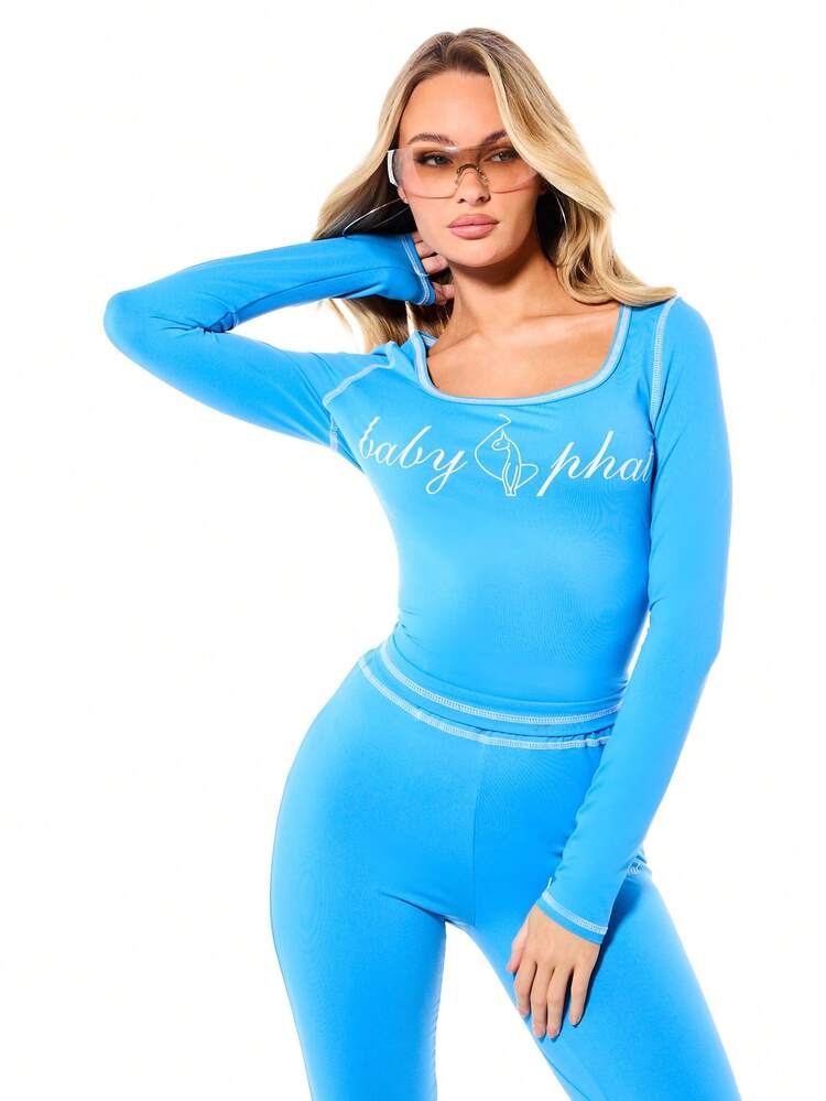 BABYPHAT Women's Scoop Neck Long Sleeve Ribbed Top With Script Logo Print Fitted Casual Pullover