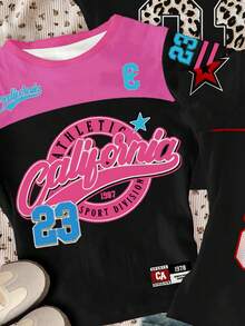 3件套休闲修身圆领短袖T恤，黑粉撞色，英文文字及数字图案印花，街头运动风，舒适百搭，秋季叠穿，时尚休闲，运动数字印花T恤，返校季必备，球衣号码，撞色T恤 - 白色 - 查看 3