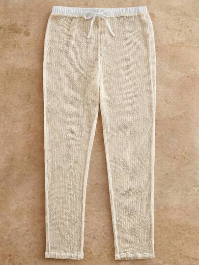 HIMLAND Men's Knitted Casual Loose Elastic Waist Straight Leg Pants, Fashionable Daily Wear For Young Men's Knitted Casual Loose Fit Elastic Waist Straight Leg Pants, Fashion & Daily Wear Men Mesh Pants Mesh Pants Men Men Knit Pants Crochet Pants Men Men Crochet Pants Men Pajama Pants  For Vacation, Beach For Husband Boyfriend Gift Simple Fashion Commuting