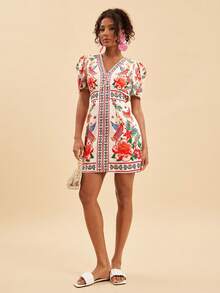 Travachic Vestido corto de verano con estampado tropical de loro, mangas de pétalos y cintura ceñida para vacaciones en la playa - Multicolor - Ver 3