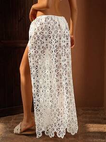 Swim Chiccia 女士度假沙滩配套遮阳扣装饰纯色蕾丝镂空花卉饰边连体度假罩衫和优雅半身裙 - 白色 - 查看 2