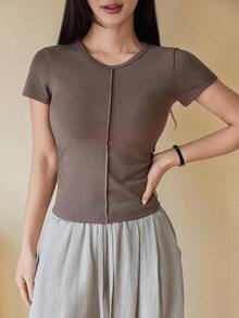 DAZY 女士夏季圆领短袖修身休闲优雅套头T恤 - 棕色 - 查看 5