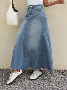 DAZY Falda vaquera elegante con dobladillo de cola de sirena y deshilachado, cintura regular, estilo Y2K para mujer - Azul lavado medio - Ver 6