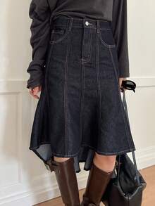 DAZY Falda de tubo de cintura media regular para mujer, falda de línea A de denim elegante - Azul lavado oscuro - Ver 6