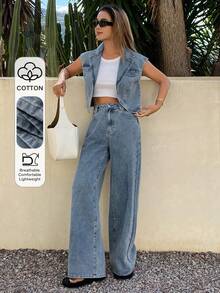 DAZY Bộ đồ nữ gồm áo gile denim có cổ và quần jeans ống đứng dáng rộng, trang phục denim bạc màu thường ngày. - Rửa nhẹ - Xem 1