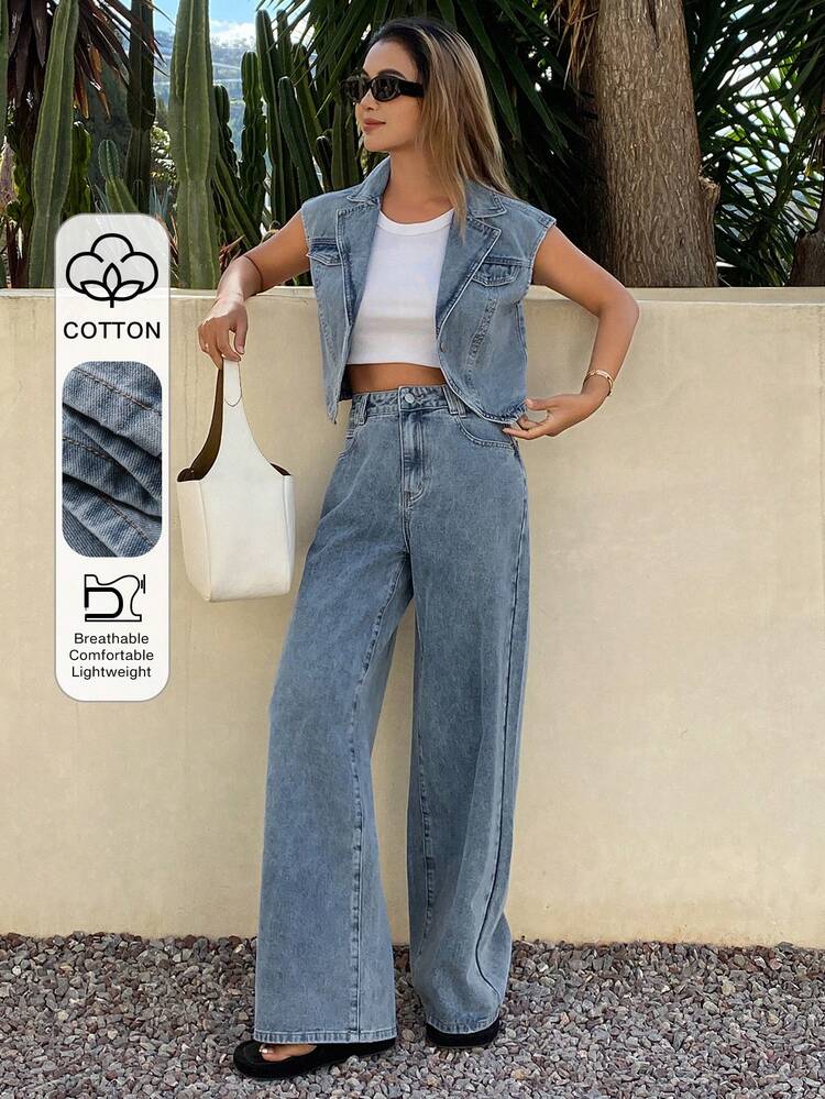 Women's Denim Vest With Collar & Loose Straight Leg Jeans Set, Casual Washed Denim Outfit