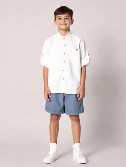 SHEIN 2pcs/Set Teen Boy Casual Comfy Textured Striped Short Sleeve Shirt And Matching Shorts Set, Suitable For Birthday Parties, Evening Parties, Performances, Weddings, Baptisms, Opening Ceremonies Daily Suitable For Daily Use Suitable For School Suitable For Travel Suitable For Sports Suitable For Spring And Summer Outfits