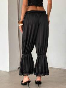 Aloruh 女士春夏新款优雅浪漫时尚奢华缎面蕾丝灯笼裤，适合度假、约会、外出穿着 - 黑色 - 查看 5