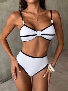 SHEIN Luminelle Summer Vacation Casual White Bikini,Elegant And Simple Women's Beachwear,Beach Vacation Outfits For Women - Black and White - View 5