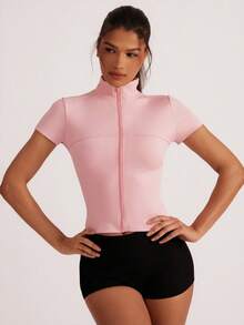 Easithlete Áo khoác yoga tay ngắn có khóa kéo cổ đứng vừa vặn dành cho nữ, đa năng khi tập luyện, mặc thường ngày - Màu Hồng baby - Xem 5