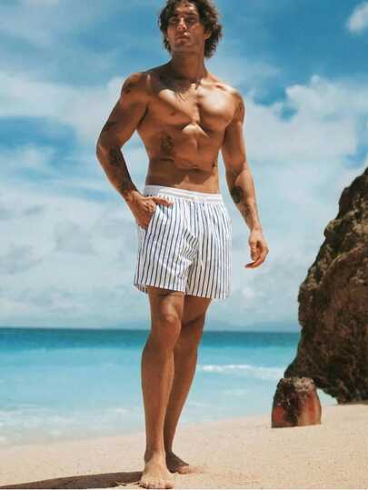 HIMLAND Calções de praia masculinos casuais com riscas e cordão na cintura.